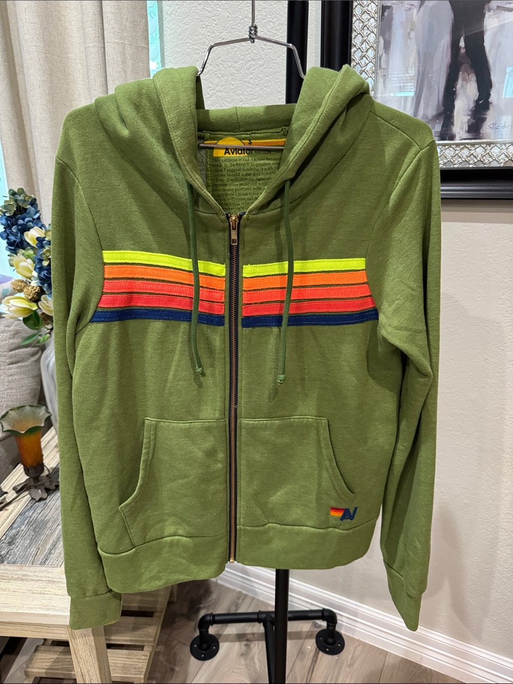 Aviator Nation Olive Zip Hoodie with Neon Rainbow Stripes